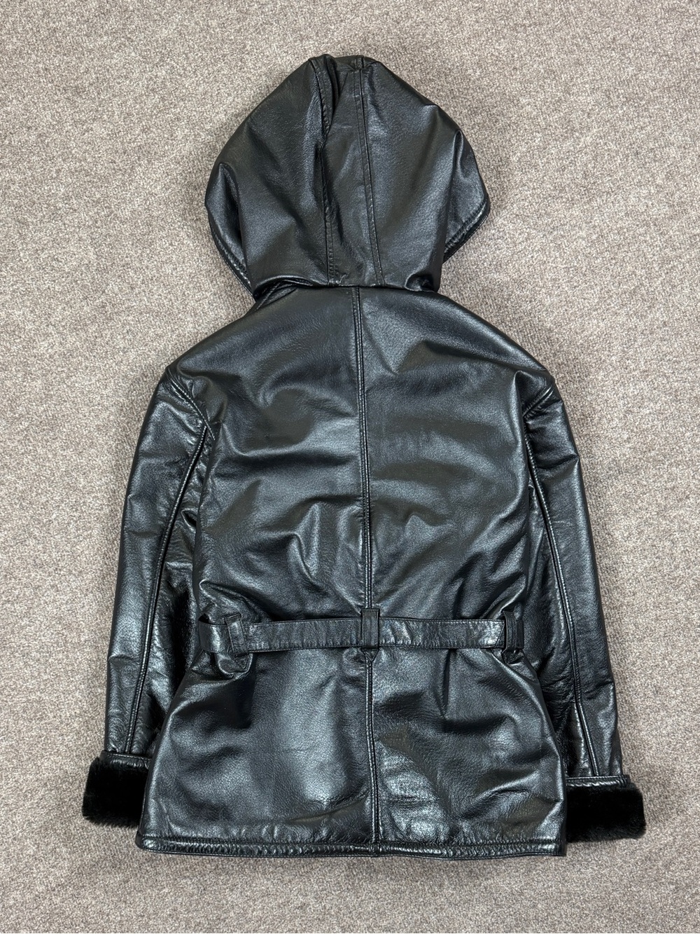 Vintage Wilsons Black Leather Hooded Belted Zip Jacket Women’s L Fur Lined 90s - Picture 2 of 8